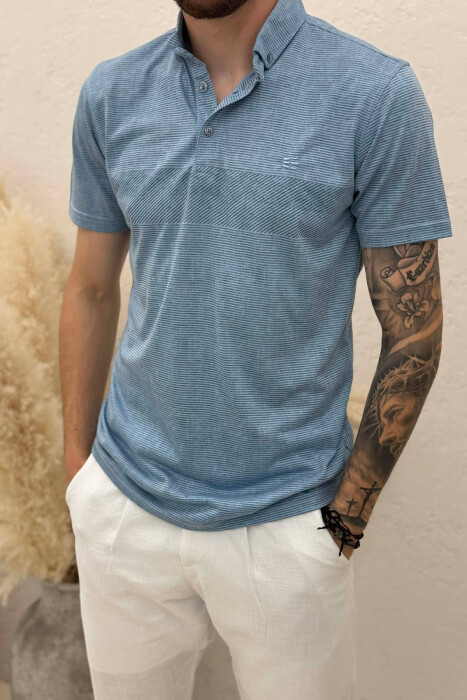 DESIGNED POLO NECK MEN T-SHIRT LIGHTBLUE/BZ - 2