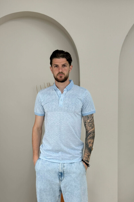 DESIGNED POLO NECK ONE COLOR MEN T-SHIRT LIGHTBLUE/BZ - KLAUDIO FASHION