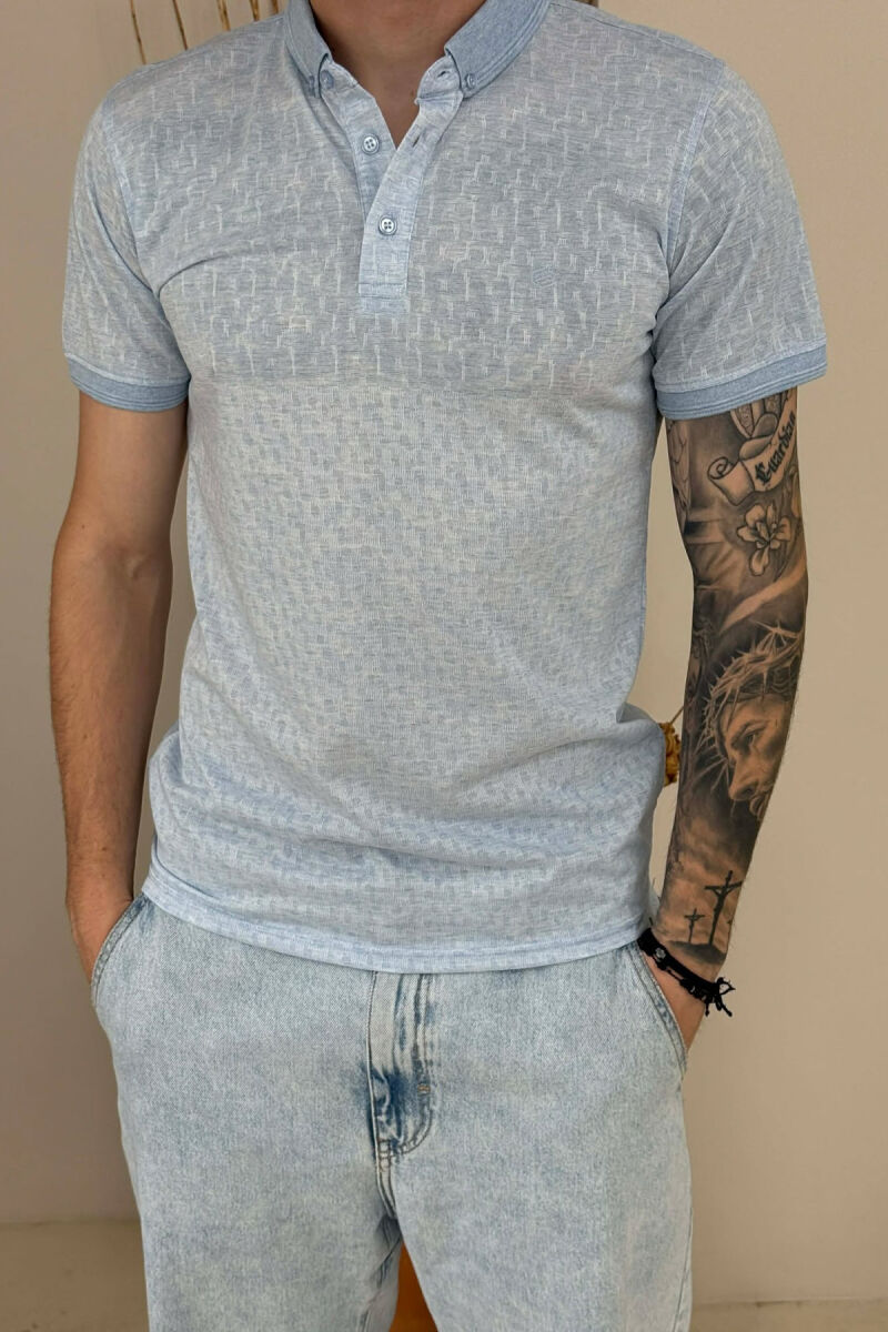 DESIGNED POLO NECK ONE COLOR MEN T-SHIRT LIGHTBLUE/BZ - 2