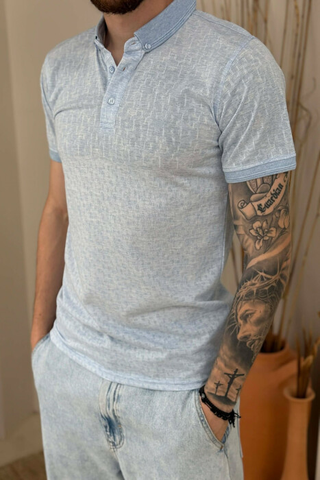 DESIGNED POLO NECK ONE COLOR MEN T-SHIRT LIGHTBLUE/BZ - 3