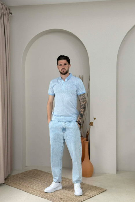 DESIGNED POLO NECK ONE COLOR MEN T-SHIRT LIGHTBLUE/BZ - 5