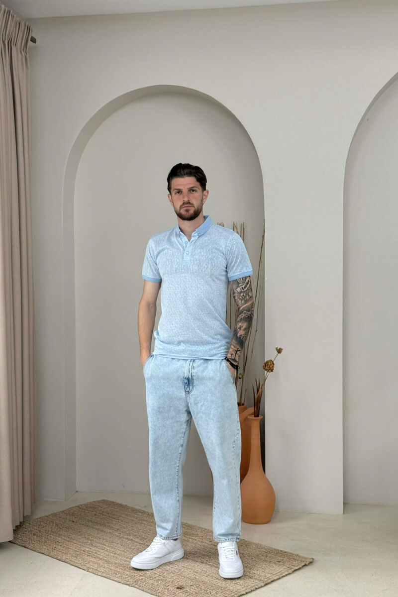 DESIGNED POLO NECK ONE COLOR MEN T-SHIRT LIGHTBLUE/BZ - 5