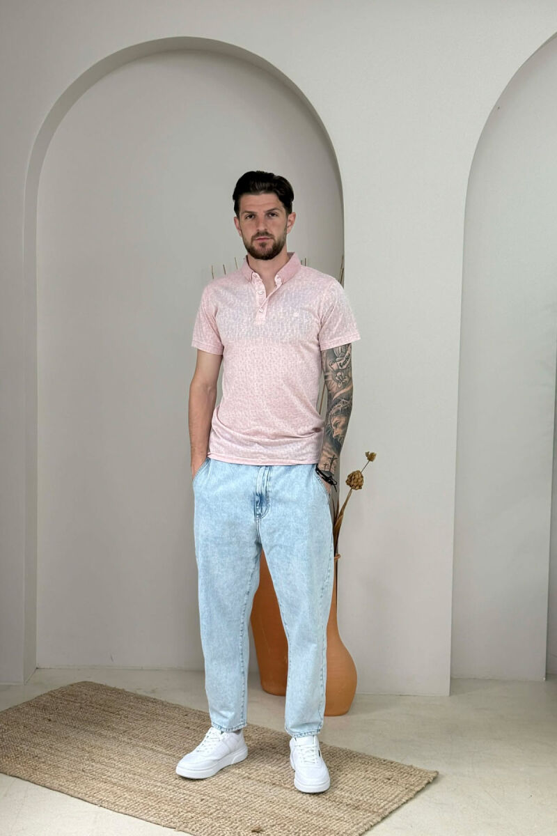 DESIGNED POLO NECK ONE COLOR MEN T-SHIRT POWDER/PUDER - 3