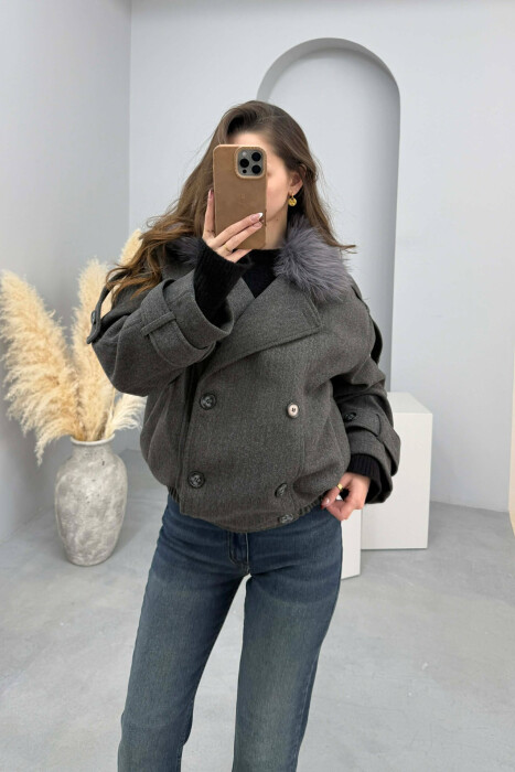 DETACHABLE FAUX FUR COLLAR CROPPED WOMAN COAT DARK GREY/GEE 