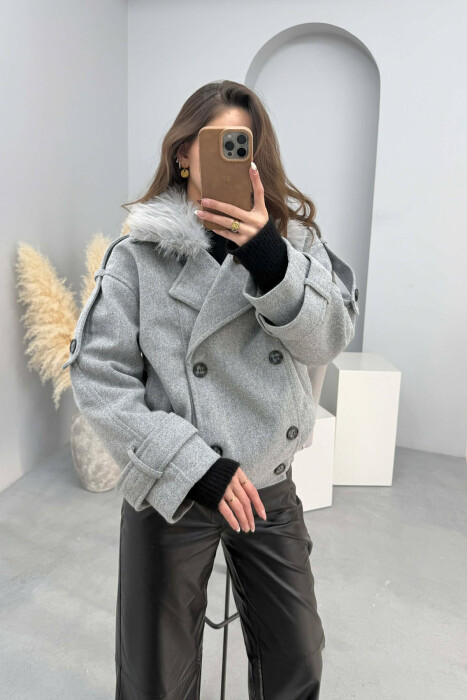 DETACHABLE FAUX FUR COLLAR CROPPED WOMAN COAT LIGHT GREY/GZ - 1