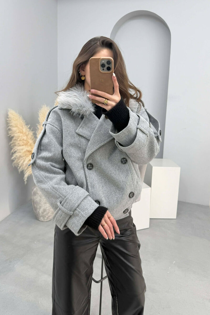 DETACHABLE FAUX FUR COLLAR CROPPED WOMAN COAT LIGHT GREY/GZ - 1