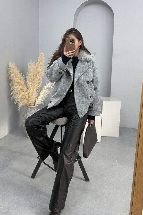 DETACHABLE FAUX FUR COLLAR CROPPED WOMAN COAT LIGHT GREY/GZ - 3