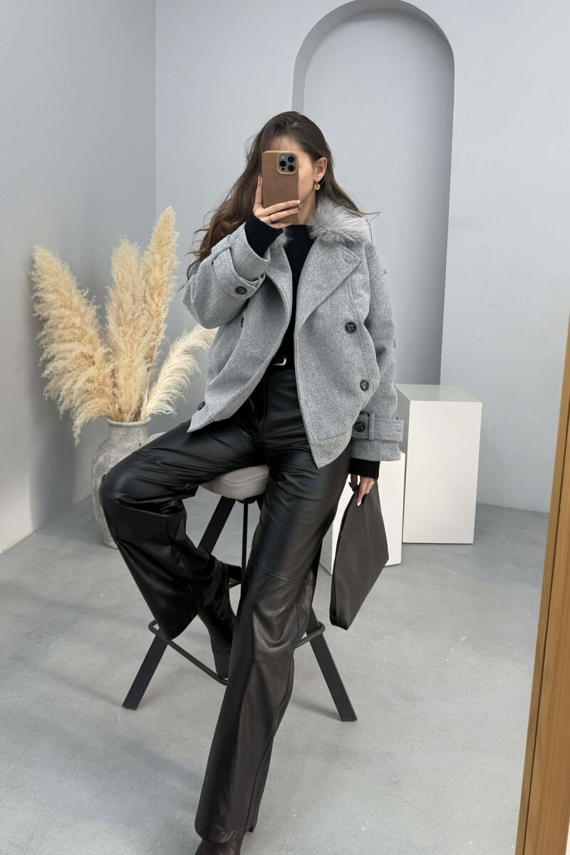 DETACHABLE FAUX FUR COLLAR CROPPED WOMAN COAT LIGHT GREY/GZ - 3