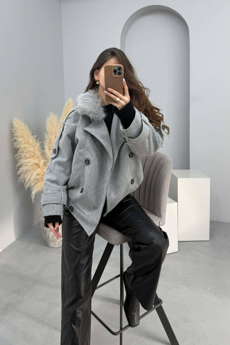 DETACHABLE FAUX FUR COLLAR CROPPED WOMAN COAT LIGHT GREY/GZ - 4