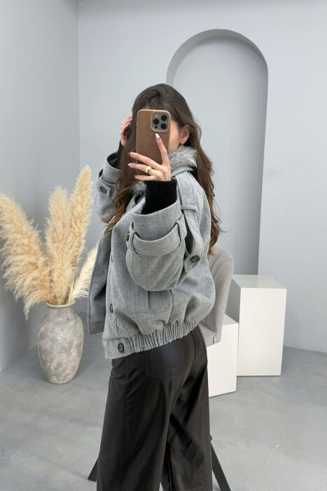 DETACHABLE FAUX FUR COLLAR CROPPED WOMAN COAT LIGHT GREY/GZ - 5