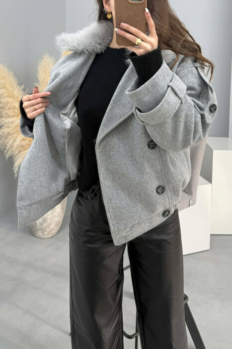 DETACHABLE FAUX FUR COLLAR CROPPED WOMAN COAT LIGHT GREY/GZ - 6