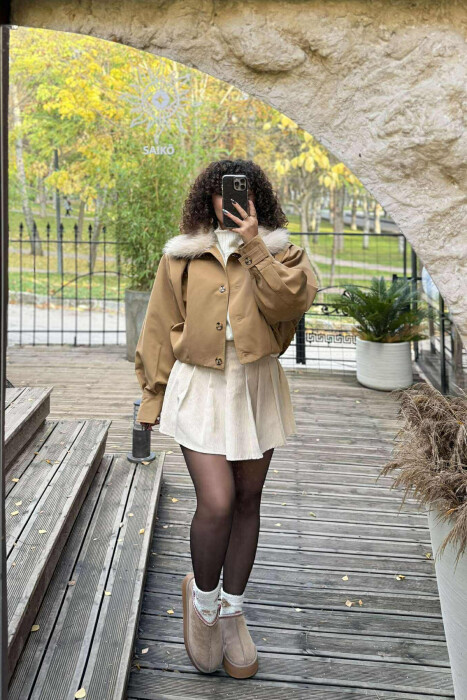DETACHABLE FAUX FUR ONE COLOR WOMEN JACKET BEIGE/BEZHE 