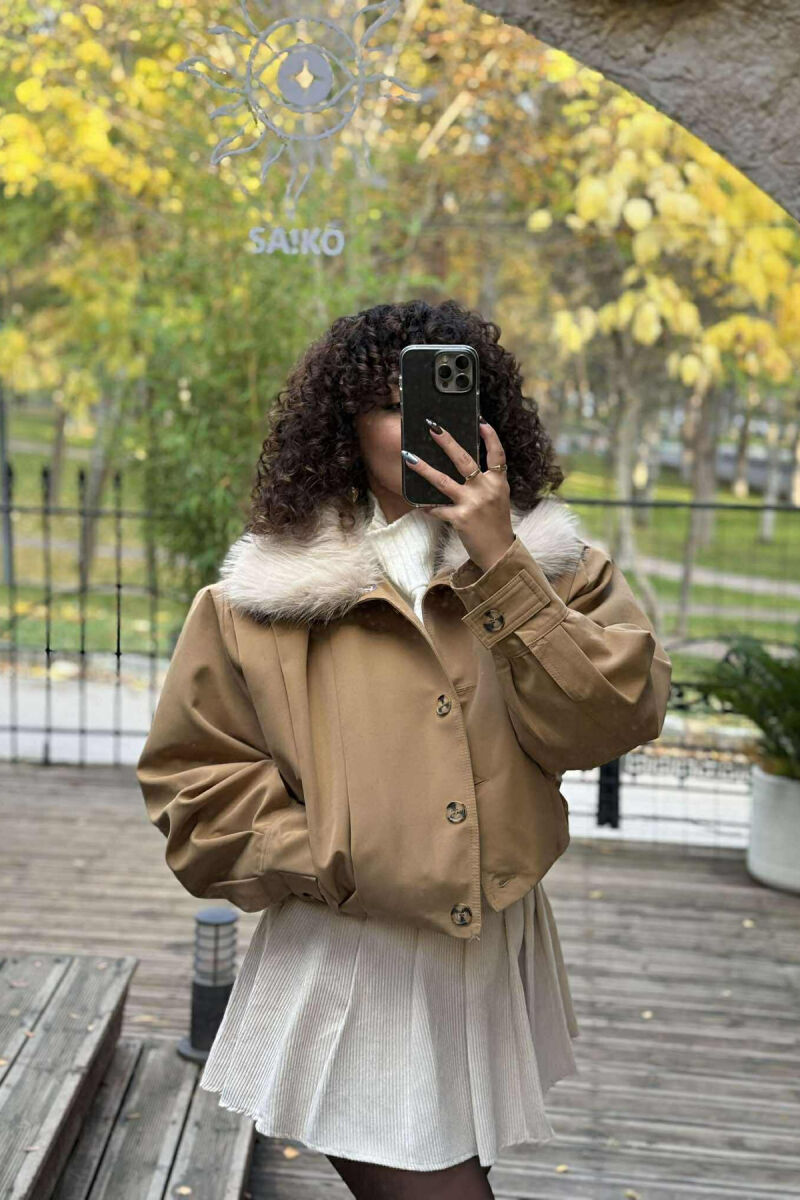 DETACHABLE FAUX FUR ONE COLOR WOMEN JACKET BEIGE/BEZHE - 2