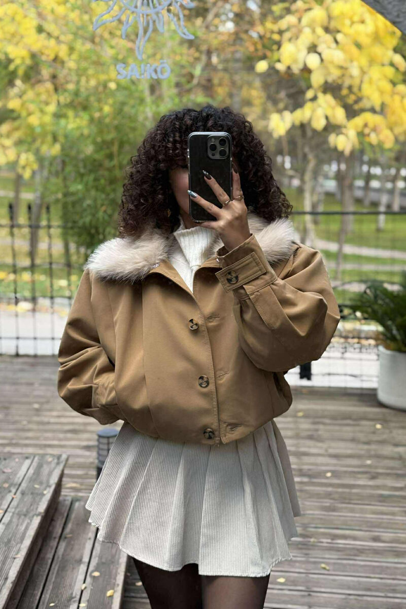 DETACHABLE FAUX FUR ONE COLOR WOMEN JACKET BEIGE/BEZHE - 4