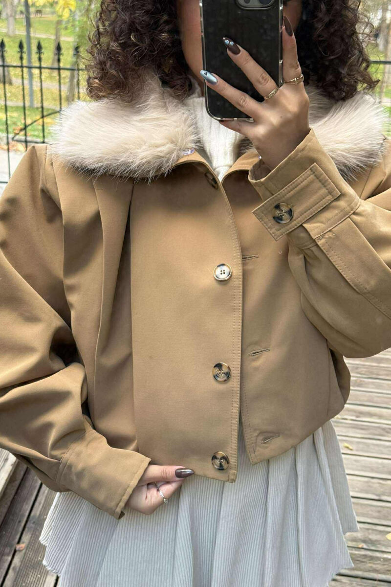 DETACHABLE FAUX FUR ONE COLOR WOMEN JACKET BEIGE/BEZHE - 5