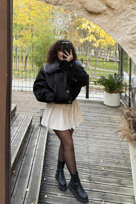 DETACHABLE FAUX FUR ONE COLOR WOMEN JACKET BLACK/ E ZEZE - 1