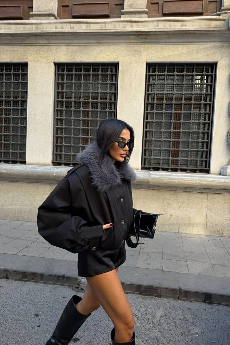 DETACHABLE FAUX FUR ONE COLOR WOMEN JACKET BLACK/ E ZEZE - 3