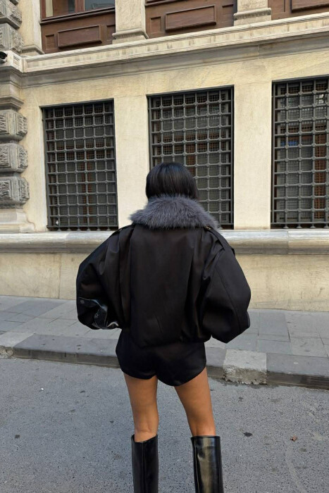 DETACHABLE FAUX FUR ONE COLOR WOMEN JACKET BLACK/ E ZEZE - 4