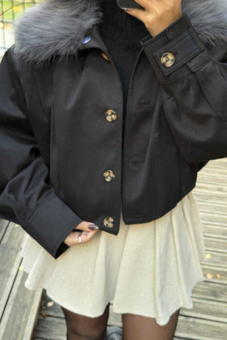 DETACHABLE FAUX FUR ONE COLOR WOMEN JACKET BLACK/ E ZEZE 