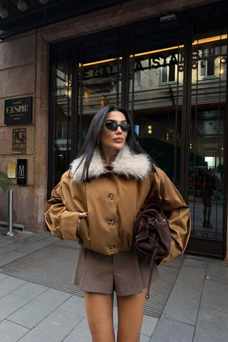 DETACHABLE FAUX FUR ONE COLOR WOMEN JACKET BROWN/KAFE - KLAUDIO FASHION