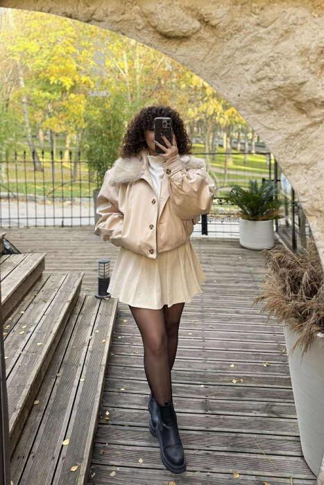 DETACHABLE FAUX FUR ONE COLOR WOMEN JACKET CREAM/KREM - 1