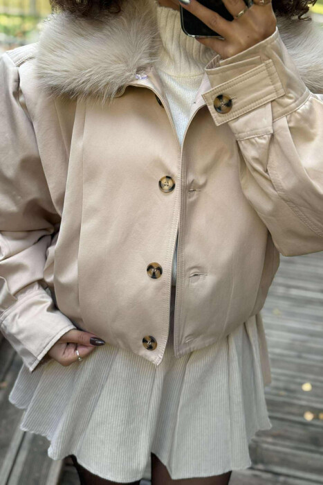 DETACHABLE FAUX FUR ONE COLOR WOMEN JACKET CREAM/KREM - 2