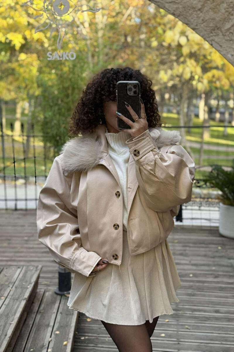 DETACHABLE FAUX FUR ONE COLOR WOMEN JACKET CREAM/KREM - 3