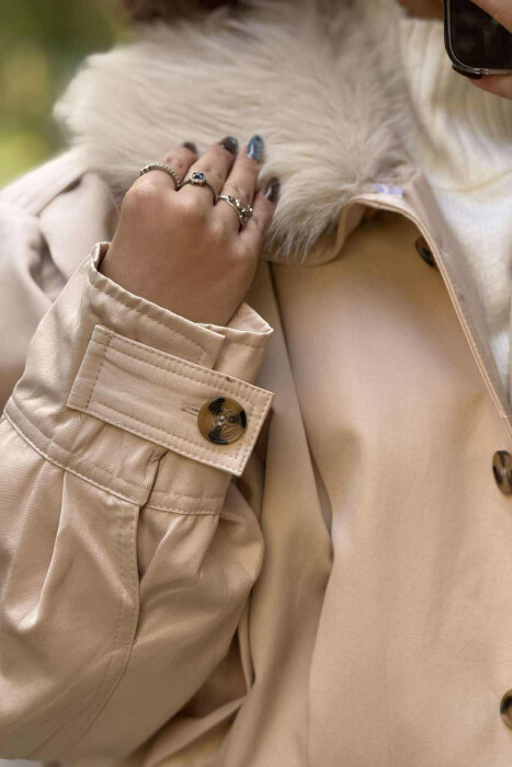 DETACHABLE FAUX FUR ONE COLOR WOMEN JACKET CREAM/KREM - 4