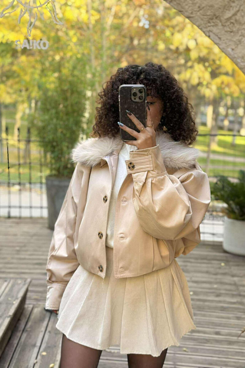 DETACHABLE FAUX FUR ONE COLOR WOMEN JACKET CREAM/KREM - 6