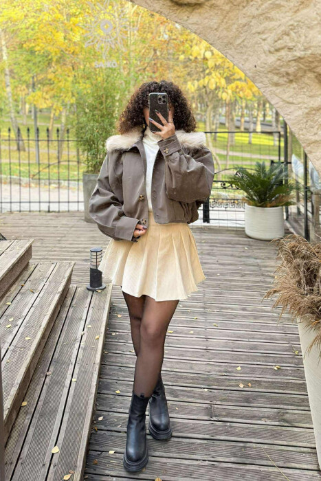 DETACHABLE FAUX FUR ONE COLOR WOMEN JACKET GREEN/JESHILE - 1