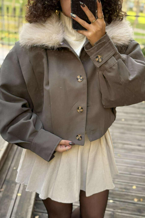 DETACHABLE FAUX FUR ONE COLOR WOMEN JACKET GREEN/JESHILE - 2