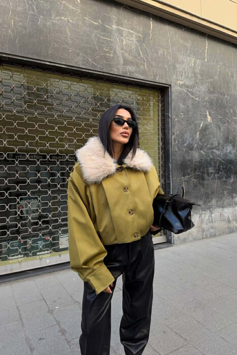 DETACHABLE FAUX FUR ONE COLOR WOMEN JACKET OLIVE/ULLI - 1