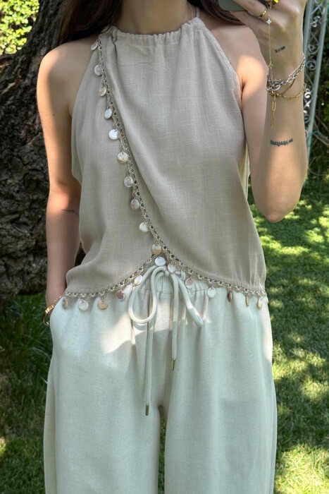 DETAILS ONE COLOR STRAPS WOMEN TANK TOP BEIGE/BEZHE - 2