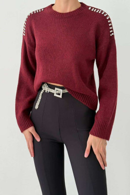 DIAMOND DETAILS ONE COLOR WOMEN SWEATER BURGUNDY/VISHNJE 