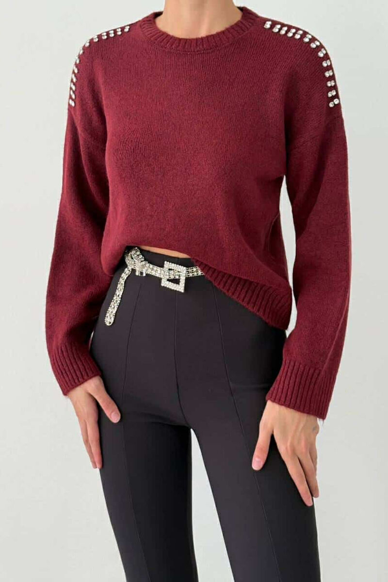 DIAMOND DETAILS ONE COLOR WOMEN SWEATER BURGUNDY/VISHNJE - 1