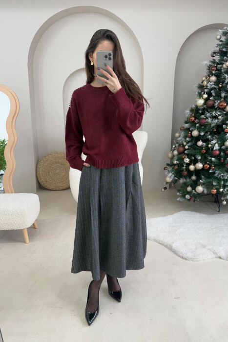 DIAMOND DETAILS ONE COLOR WOMEN SWEATER BURGUNDY/VISHNJE - 2