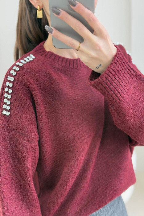 DIAMOND DETAILS ONE COLOR WOMEN SWEATER BURGUNDY/VISHNJE - 3