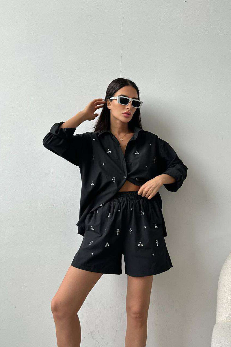 DIAMOND DETAILS SHORTS + SHIRT WOMEN SET BLACK/ E ZEZE - 1