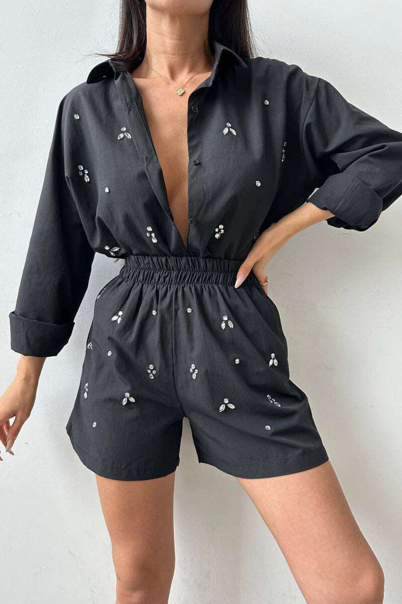 DIAMOND DETAILS SHORTS + SHIRT WOMEN SET BLACK/ E ZEZE - 7