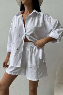 DIAMOND DETAILS SHORTS + SHIRT WOMEN SET WHITE-E BARDHE 