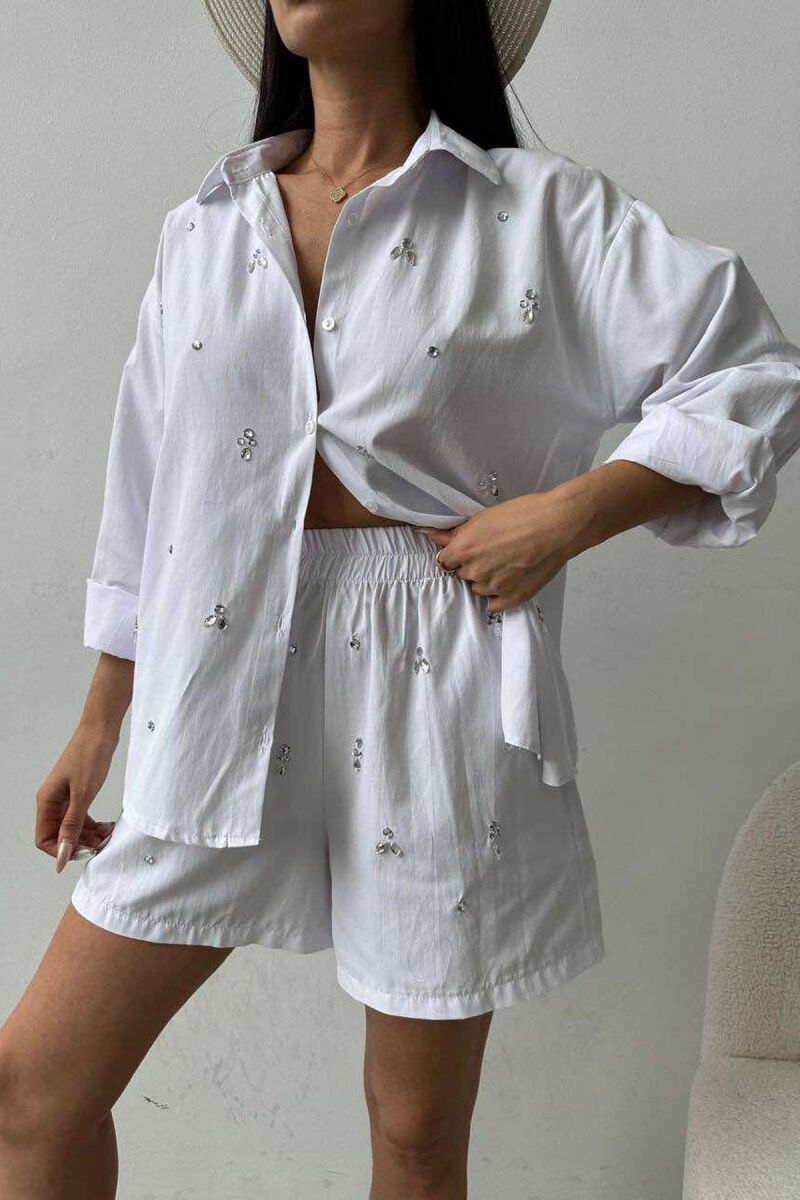 DIAMOND DETAILS SHORTS + SHIRT WOMEN SET WHITE-E BARDHE - 1