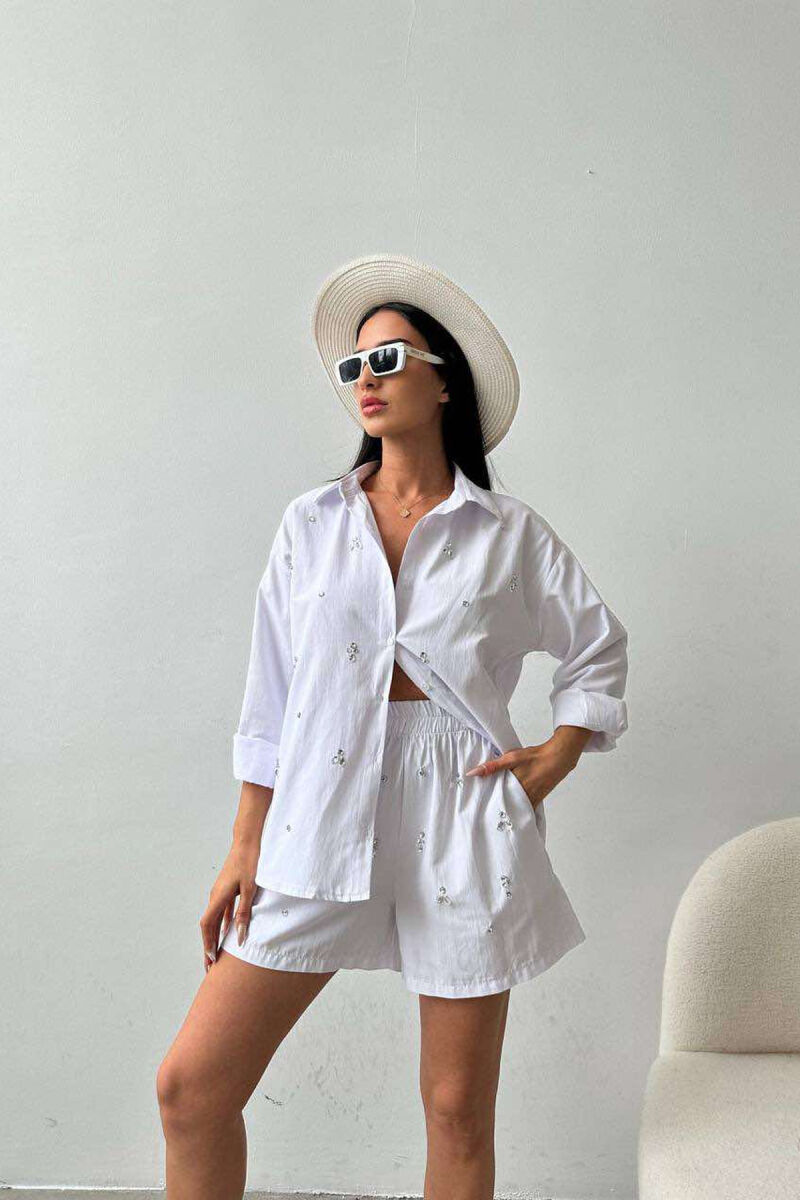 DIAMOND DETAILS SHORTS + SHIRT WOMEN SET WHITE-E BARDHE - 2