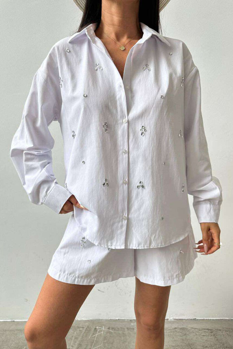 DIAMOND DETAILS SHORTS + SHIRT WOMEN SET WHITE-E BARDHE - 3