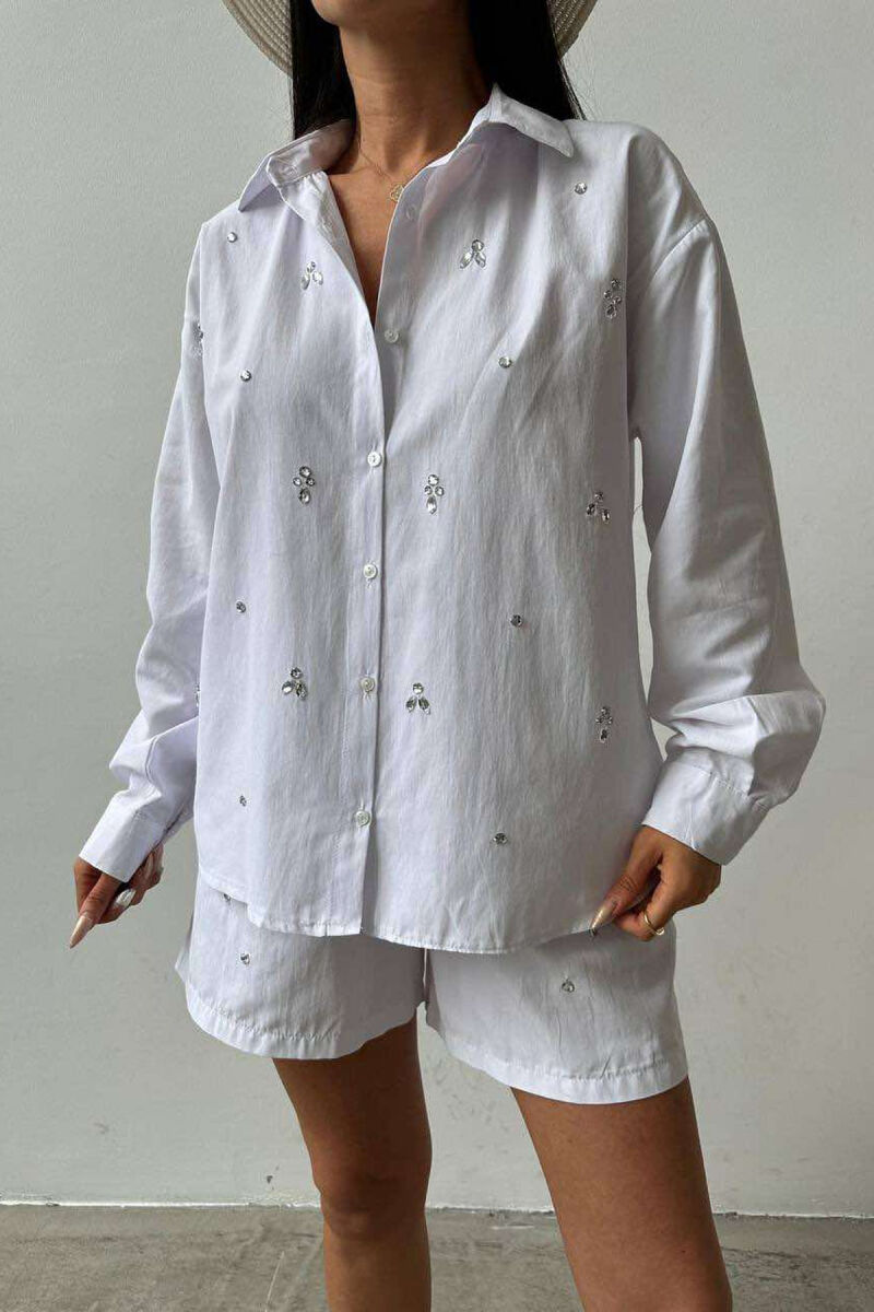 DIAMOND DETAILS SHORTS + SHIRT WOMEN SET WHITE-E BARDHE - 5