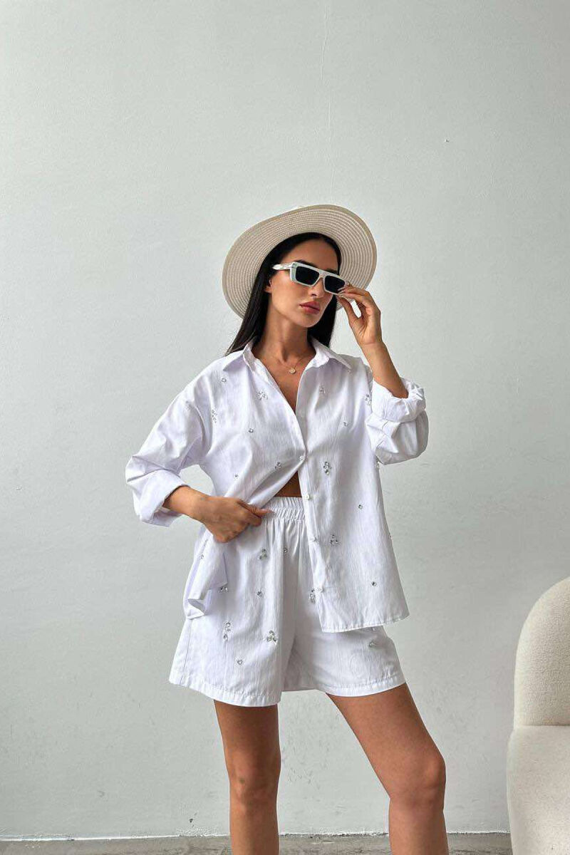 DIAMOND DETAILS SHORTS + SHIRT WOMEN SET WHITE-E BARDHE - 6