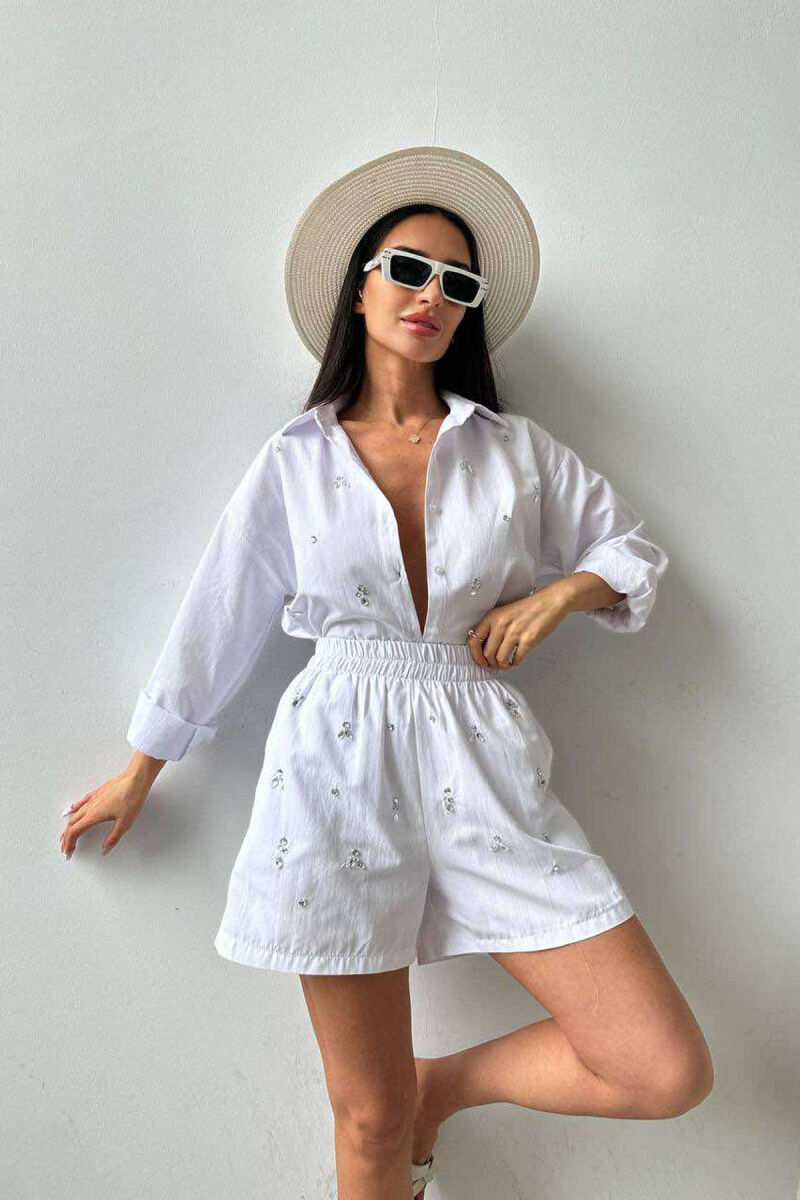 DIAMOND DETAILS SHORTS + SHIRT WOMEN SET WHITE-E BARDHE - 9