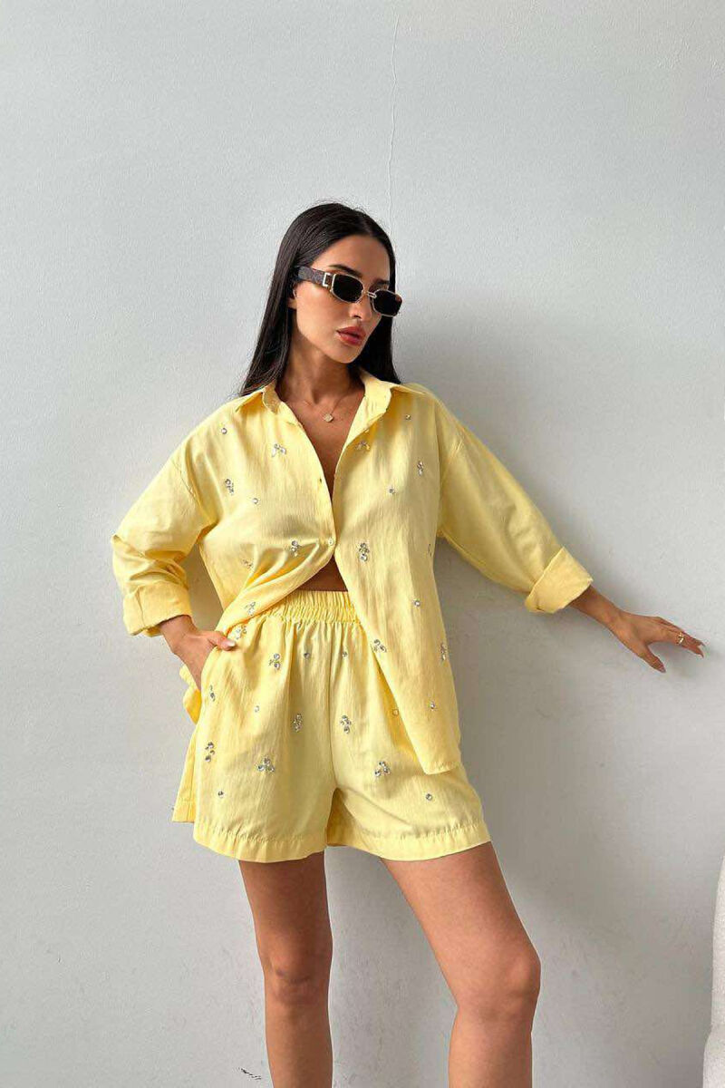 DIAMOND DETAILS SHORTS + SHIRT WOMEN SET YELLOW/E VERDHE - 5