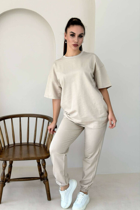 DIAMOND WRITTING T-SHIRT+SWEATPANTS WOMEN SET BEIGE/BEZHE 