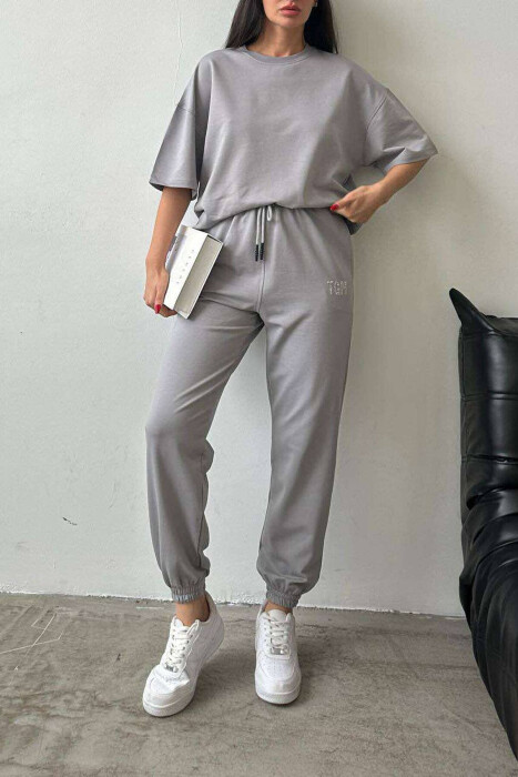 DIAMOND WRITTING T-SHIRT+SWEATPANTS WOMEN SET GREY/GRI - 4