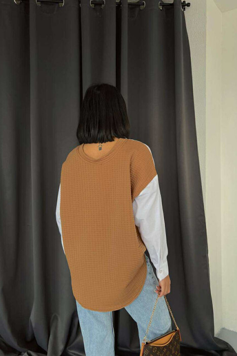 DIFFERENT BACK DESIGN TWO-COLORED WOMEN SHIRT WHITE-BROWN/BAKA - 3